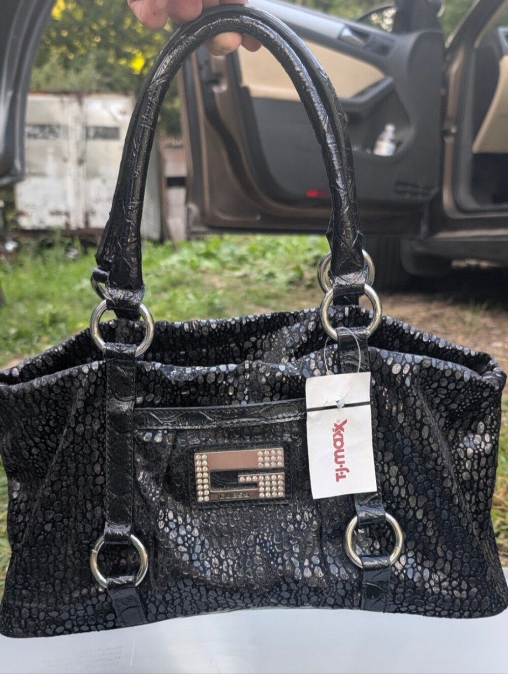 [NWT] VINTAGE Y2K GUESS BLING BAG Black Reptile Rhinestone G Logo DEADSTOCK MINT